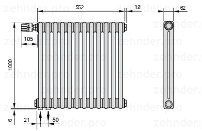 Схема (чертеж) Радиатор Zehnder Charleston 2100/12 №V001 Белый глянцевый RAL 9016
